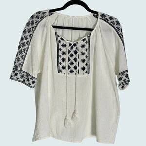 Mango MNG Casual White and Navy Embroidered Boho Peasant Blouse (L)
